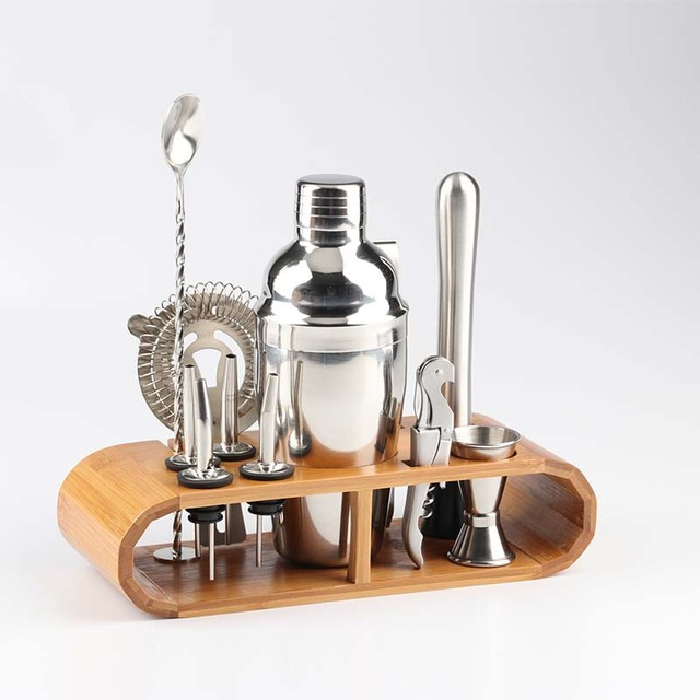 Stainless Steel Cocktail Shaker  with Wooden Stand for Home Bar Party